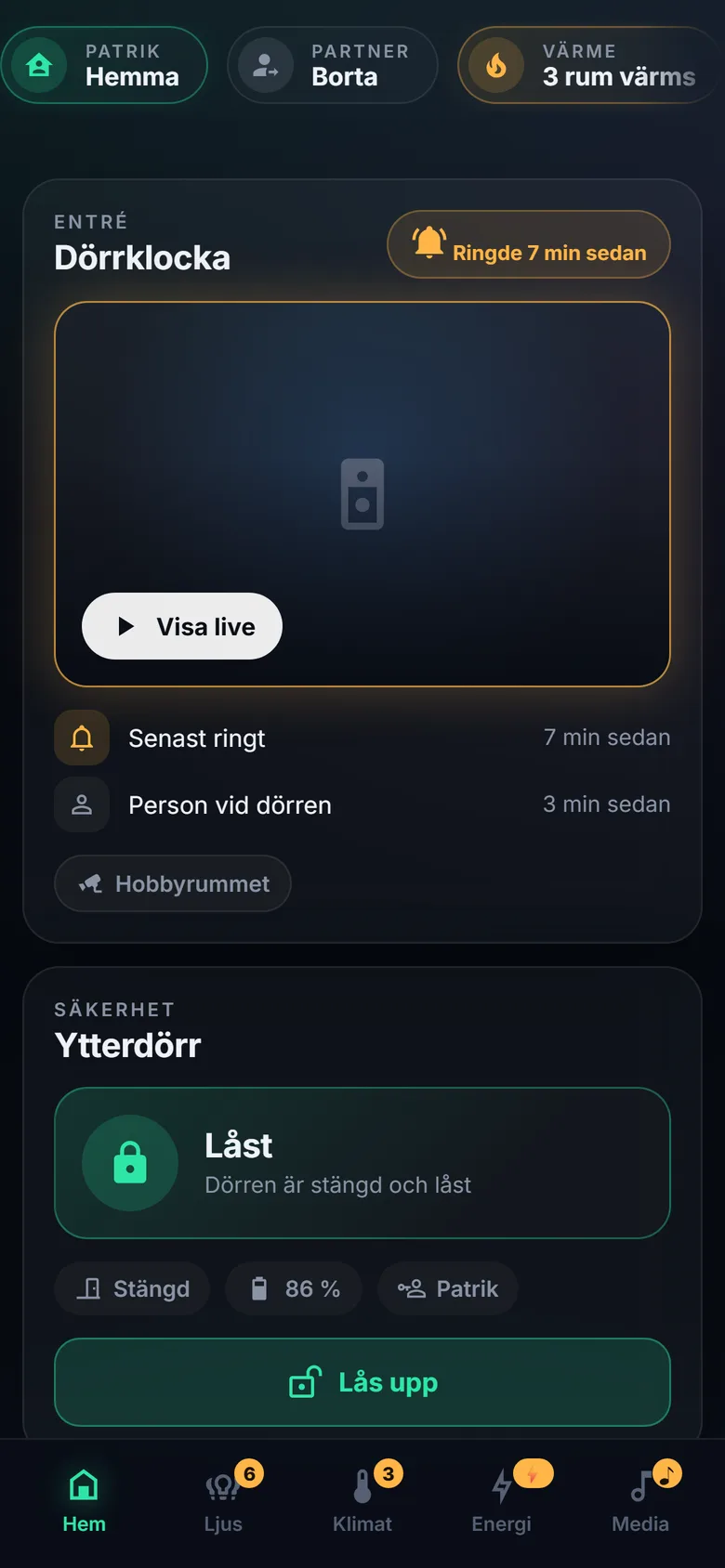 Phone view of the doorbell card and a locked front door