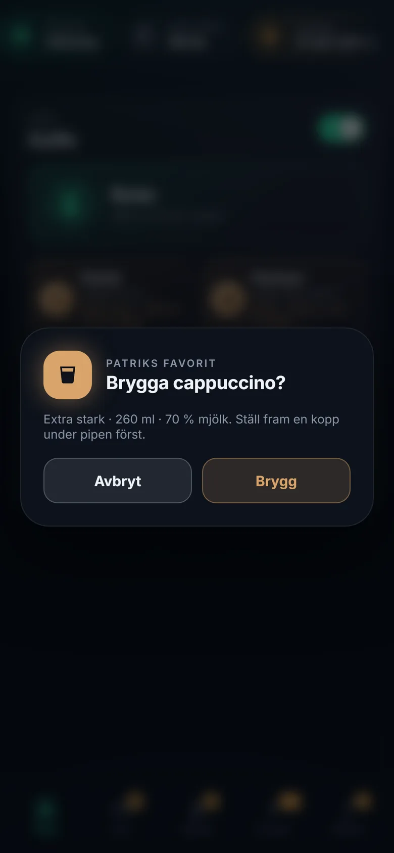 Confirmation dialog for brewing a cappuccino