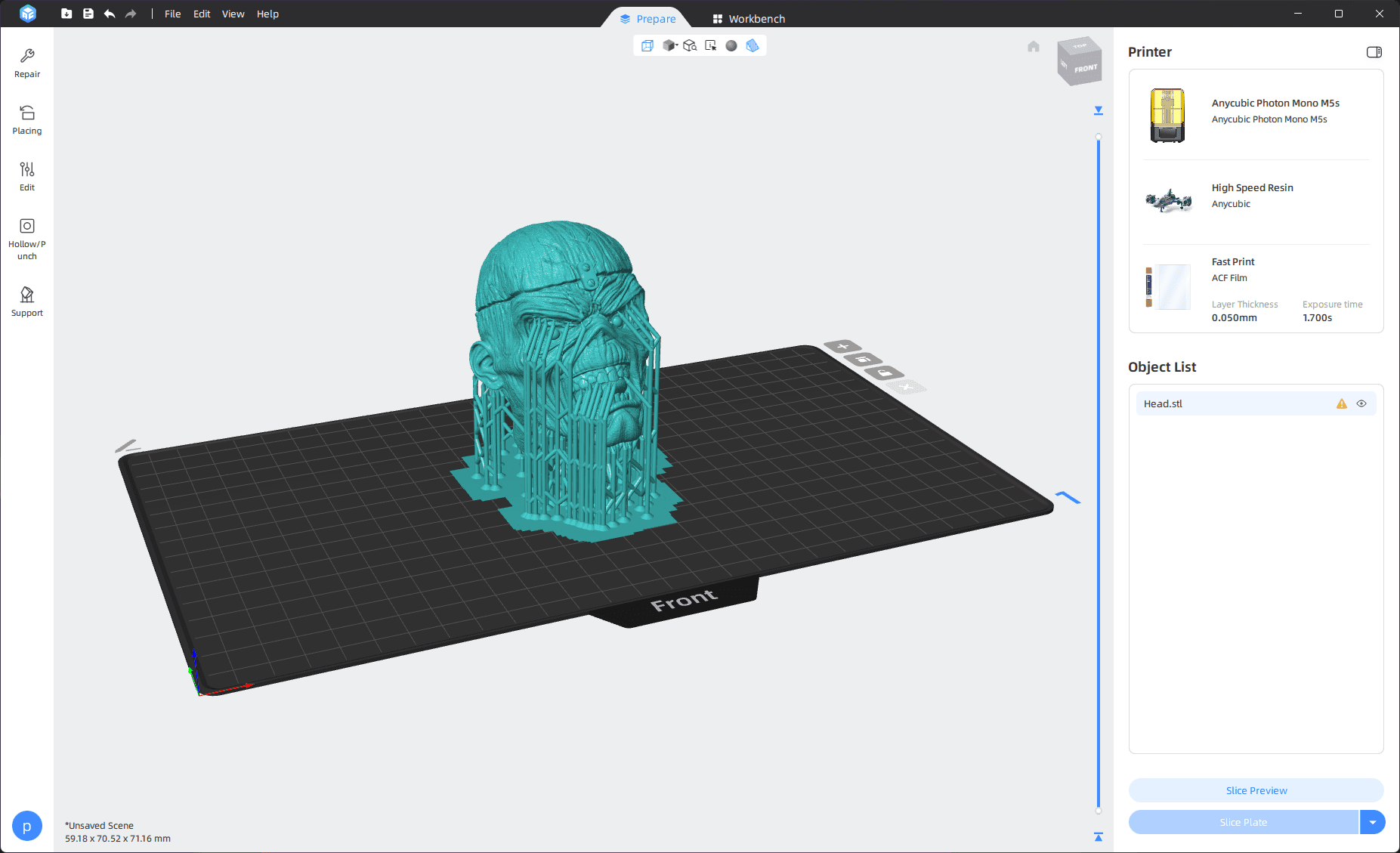 Eddie head test print prepared with supports in resin slicing software